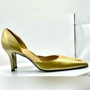 GUC Stuart Weitzman Metallic Gold‎ Leather Heel Pointed Toe Pumps Size 9.5